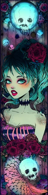 Free mermaid bookmark featuring a gothic mermaid with red roses